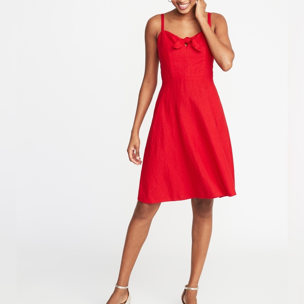 ON Fit & Flare Tie-Front Linen-Blend Dress - Robbie Red